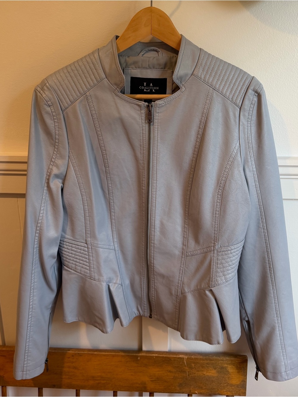 TA Collection Women's Pale blue Peplum vegan Leather Moto Jacket